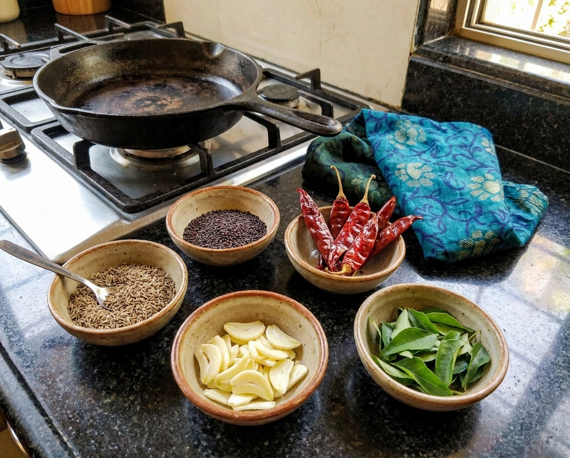 Small bowls of cumin seeds, mustard seeds, dried red chiles, sliced garlic, and curry leaves arranged beside a stovetop