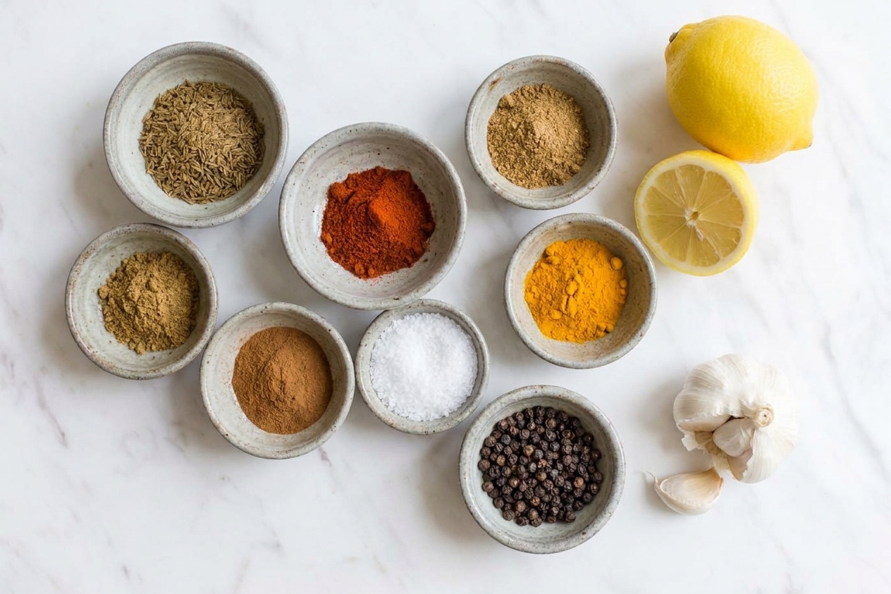 Small bowls of cumin, smoked paprika, coriander, turmeric, cinnamon, salt, and black pepper arranged on a light kitchen counter next to a lemon and garlic