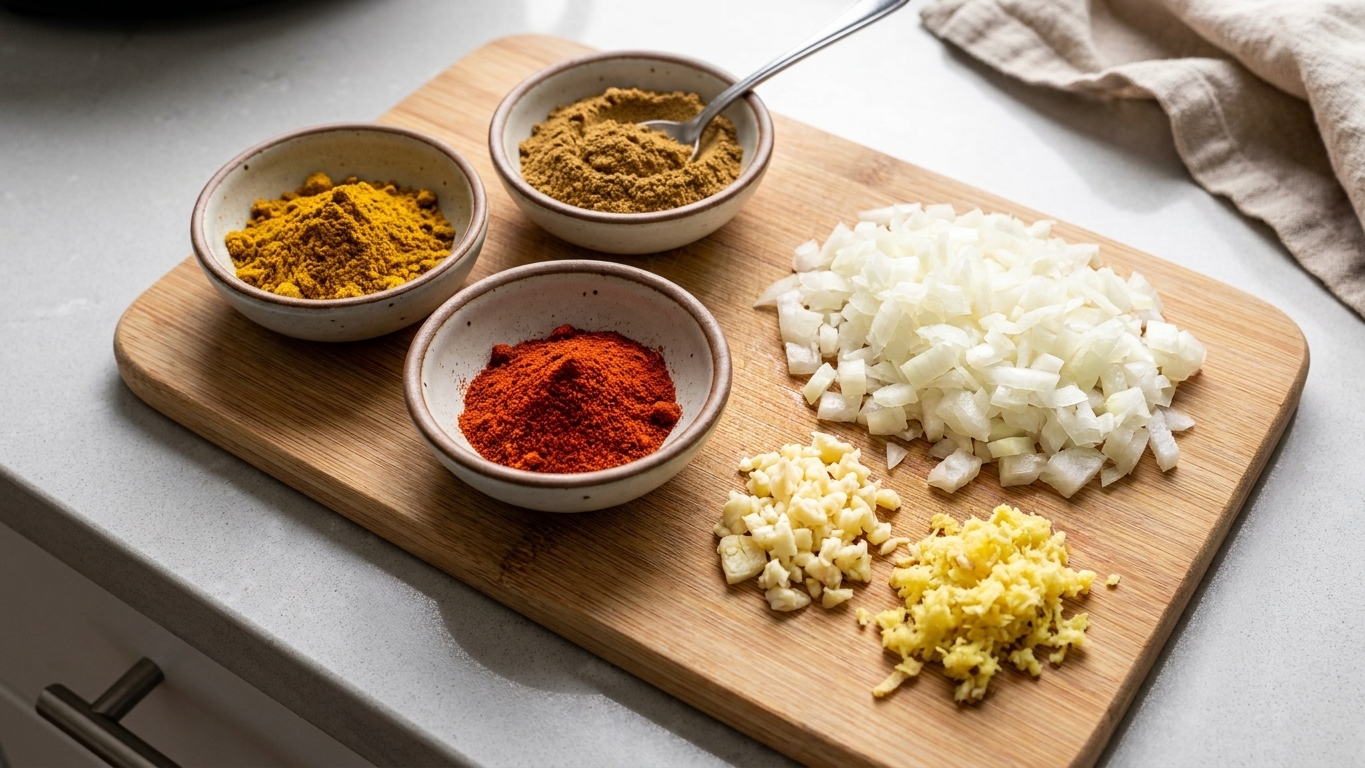 Small bowls of curry powder, cumin, and paprika alongside chopped onion, minced garlic, and grated ginger arranged on a wooden cutting board on a kitchen counter