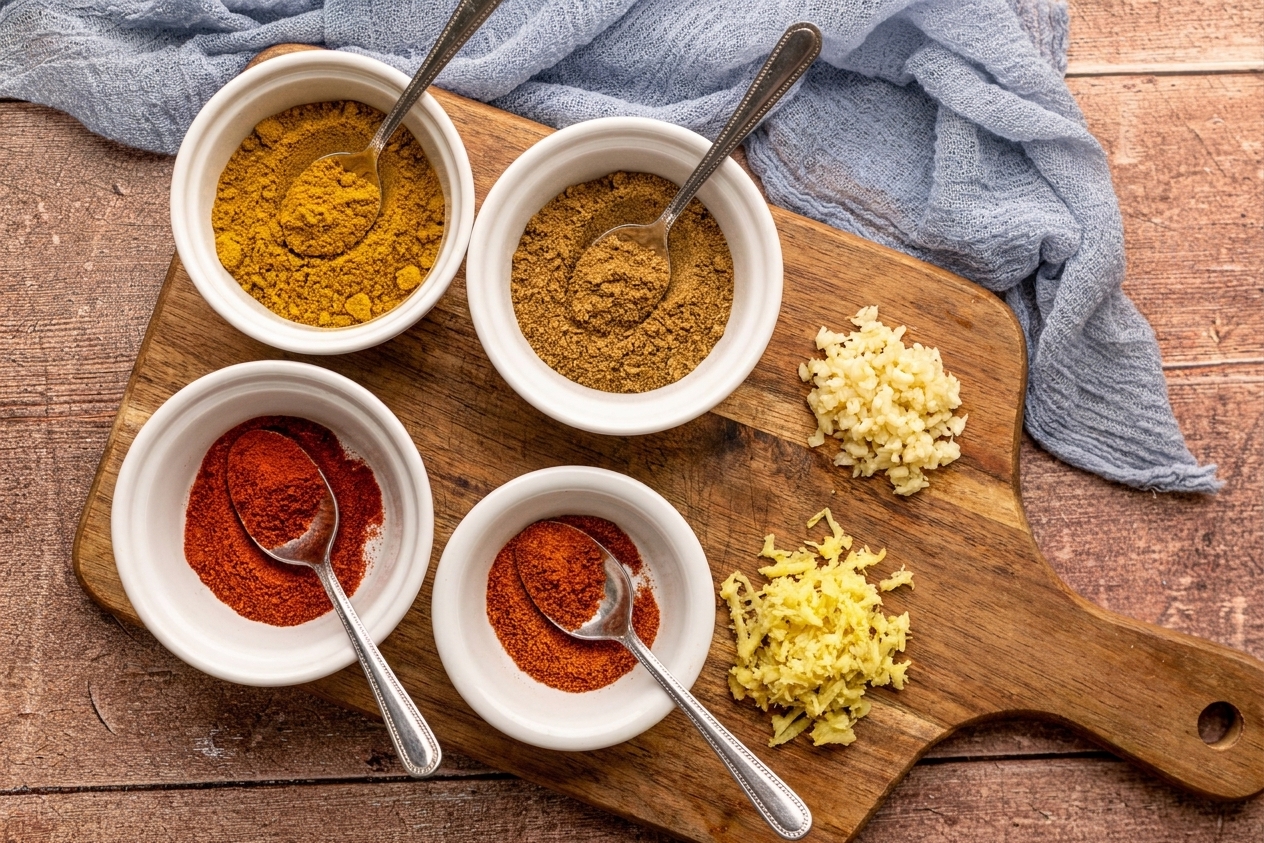 Small bowls of curry powder, cumin, paprika, and cayenne on a wooden cutting board beside minced garlic and grated ginger