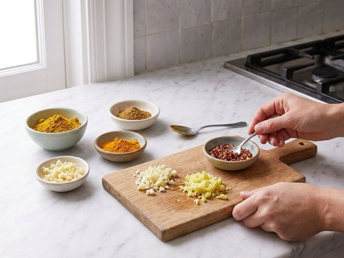 Small bowls of curry powder, cumin, turmeric, and red pepper flakes arranged beside minced garlic and grated ginger on a kitchen counter