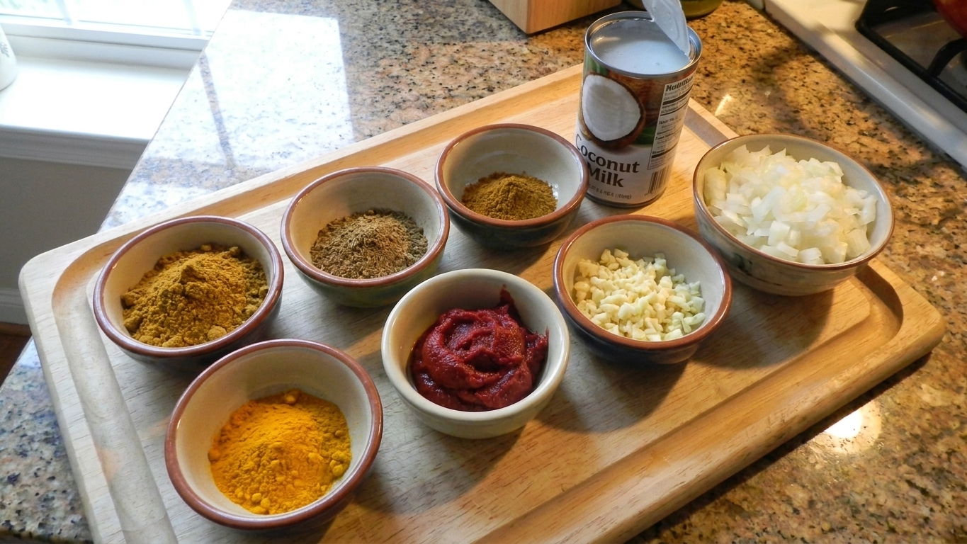 Small bowls of curry powder, cumin, turmeric, tomato paste, minced garlic, chopped onion, and a can of coconut milk arranged on a bright kitchen counter