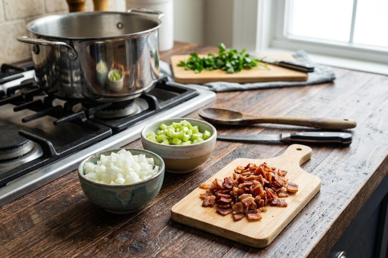Small bowls of diced onion and celery and chopped bacon on a kitchen counter, ready for cooking