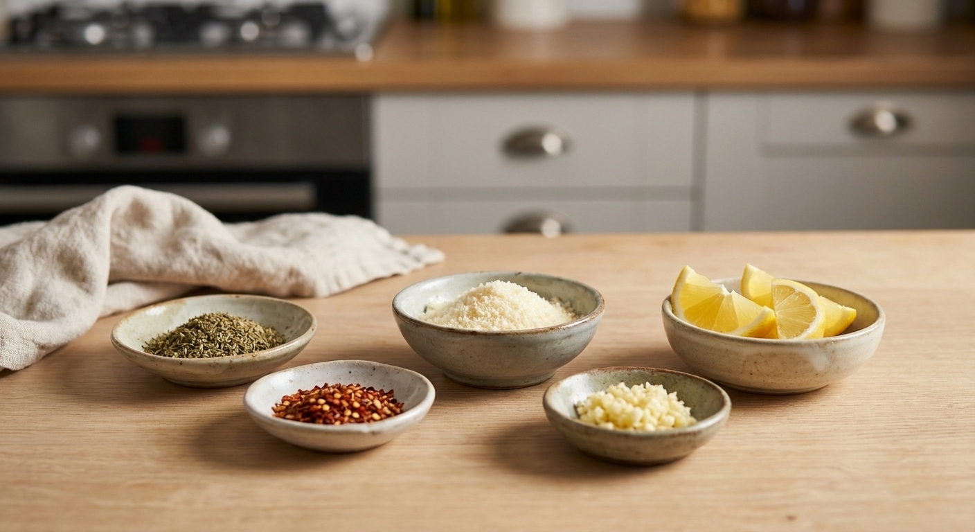 Small bowls of dried Italian herbs, red pepper flakes, grated parmesan, minced garlic, and lemon wedges arranged on a light kitchen counter