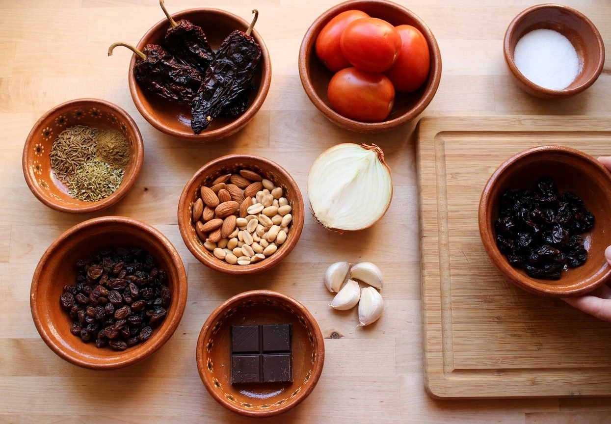 Small bowls of dried chiles, spices, nuts, raisins, tomato, onion, garlic, and chocolate arranged on a light kitchen counter with a cutting board nearby