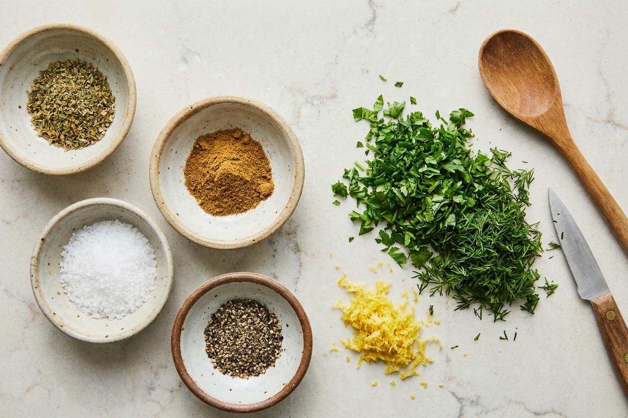 Small bowls of dried oregano, cumin, salt, and pepper next to chopped herbs and lemon zest on a kitchen counter