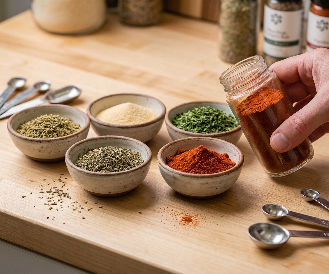 Small bowls of dried oregano, garlic powder, thyme, parsley, and paprika arranged on a light kitchen counter with a jar nearby