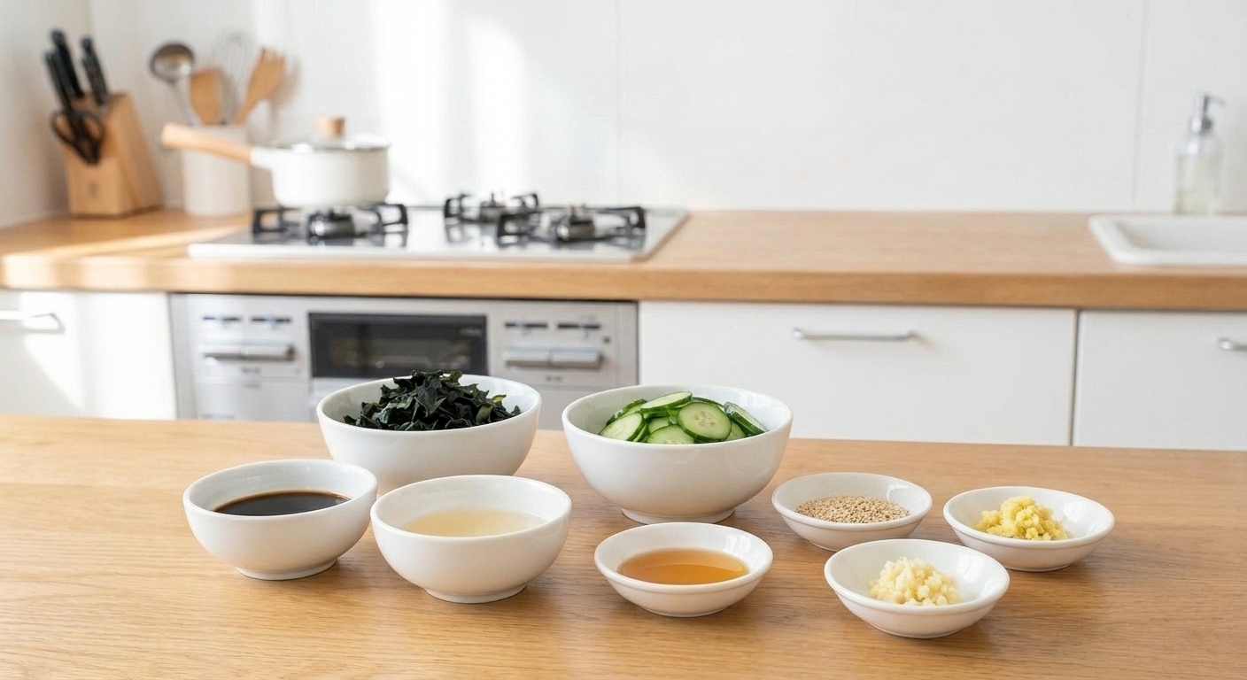 Small bowls of dried wakame, sliced cucumber, soy sauce, rice vinegar, sesame oil, sesame seeds, ginger, and garlic arranged on a clean kitchen counter in natural light