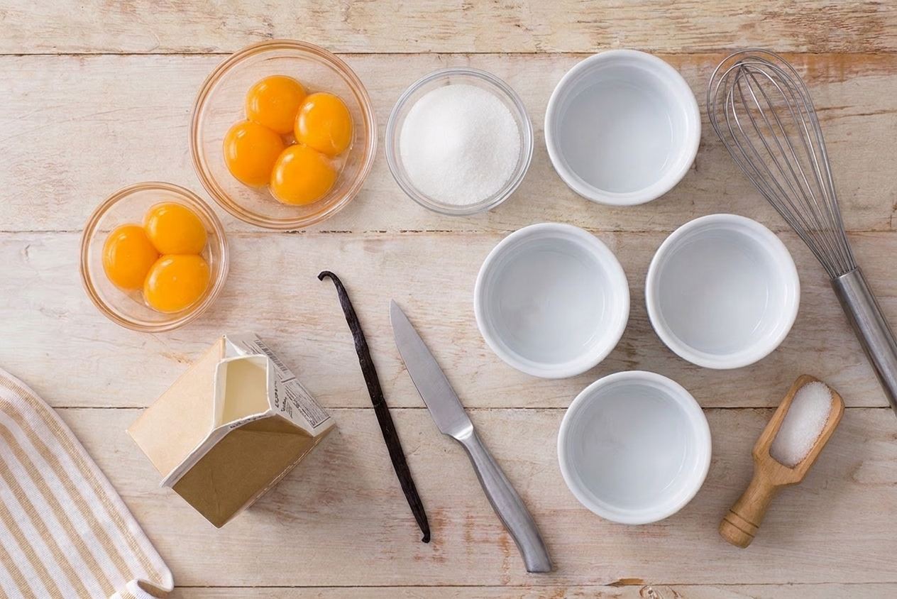 Small bowls of egg yolks and sugar, a carton of heavy cream, a vanilla bean, and ramekins arranged on a bright kitchen counter