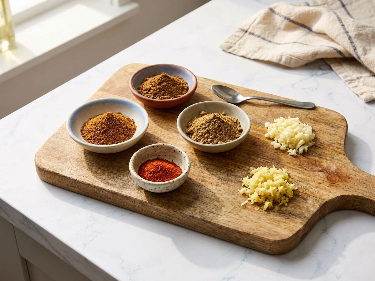 Small bowls of garam masala, cumin, coriander, and chili powder on a wooden cutting board beside minced garlic and grated ginger
