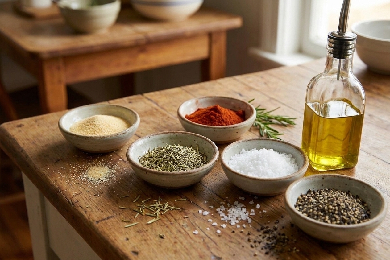 Small bowls of garlic powder, smoked paprika, dried rosemary, kosher salt, and black pepper on a kitchen counter next to a bottle of olive oil