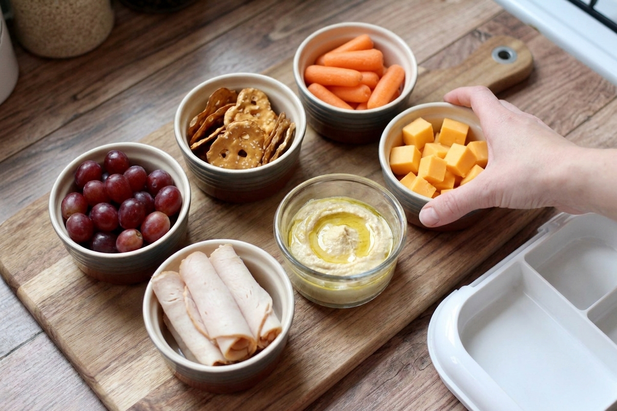 Small bowls of grapes, baby carrots, crackers, cheese cubes, deli turkey, and a little cup of hummus ready for packing into a lunchbox