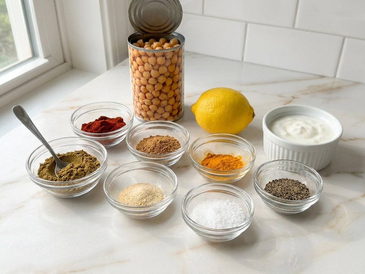 Small bowls of ground cumin, smoked paprika, coriander, turmeric, garlic powder, salt, and pepper arranged on a clean kitchen counter next to a can of chickpeas, lemon, and plain yogurt