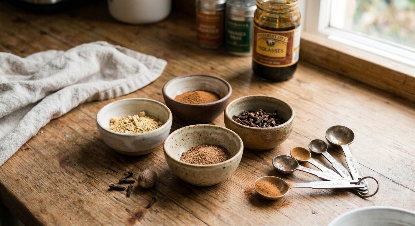 Small bowls of ground ginger, cinnamon, cloves, and nutmeg on a kitchen counter next to measuring spoons in warm light