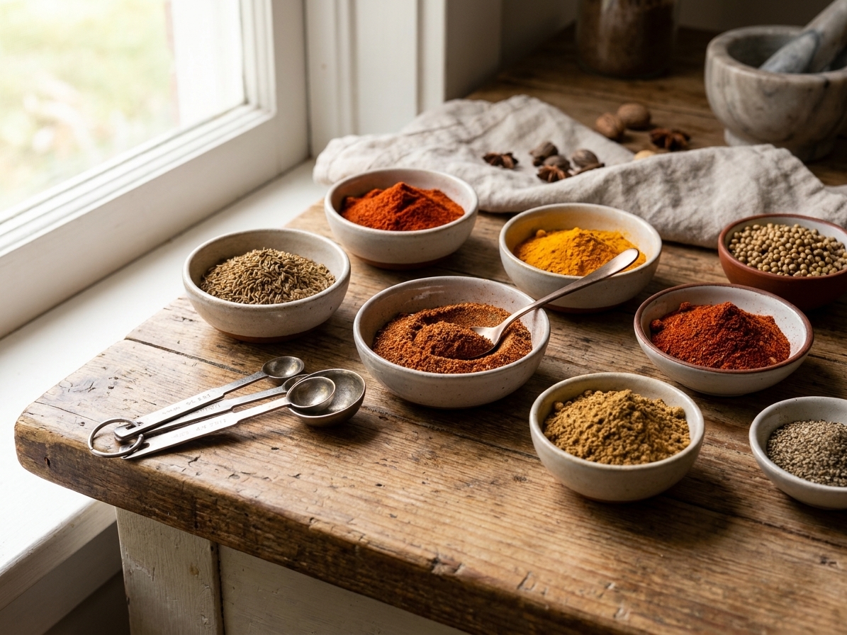 Small bowls of ground spices and measuring spoons arranged on a tidy kitchen counter in soft natural light