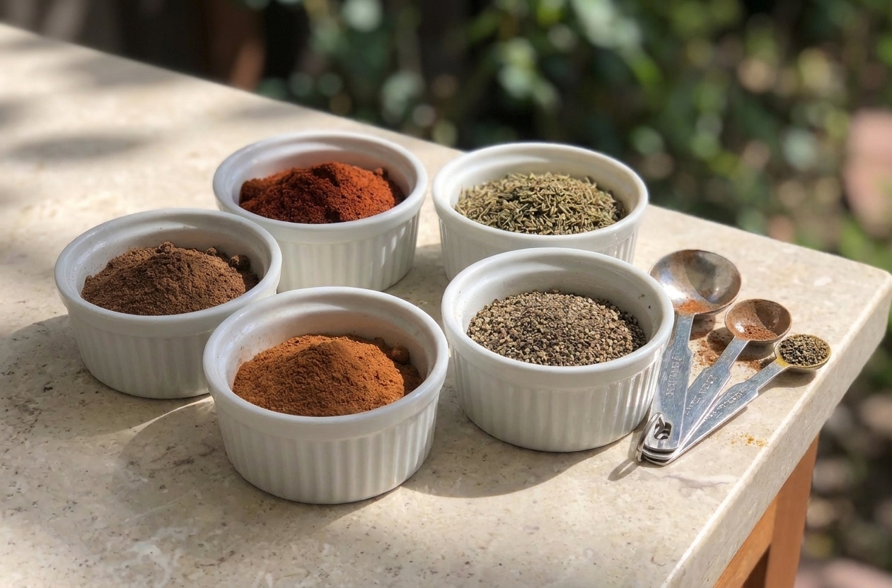 Small bowls of ground spices like allspice, paprika, thyme, cinnamon, and black pepper arranged on a light kitchen counter in natural window light