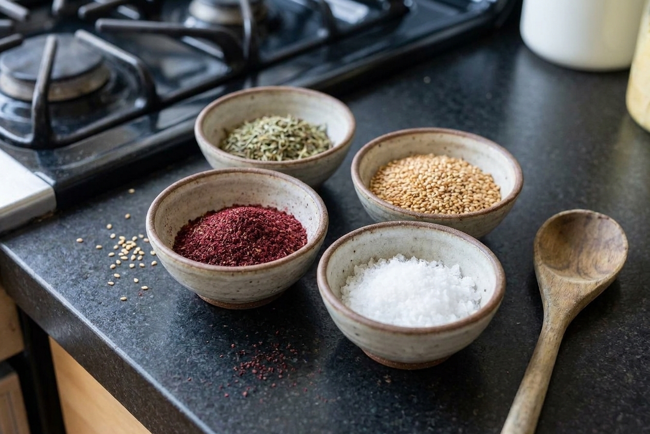 Small bowls of ground sumac, dried thyme, toasted sesame seeds, and flaky salt arranged on a clean kitchen counter in natural light