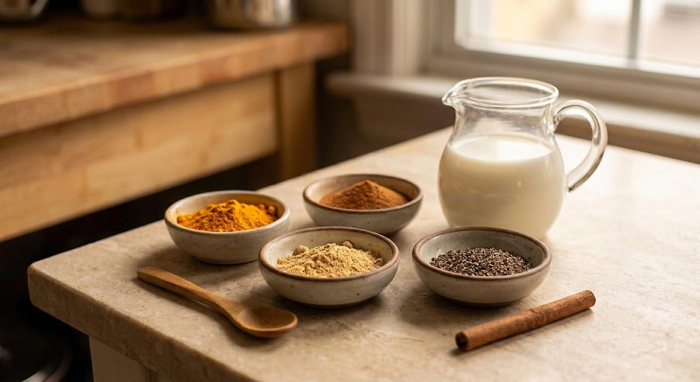Small bowls of ground turmeric, ground cinnamon, ground ginger, black pepper, and a small pitcher of milk arranged on a light stone kitchen counter