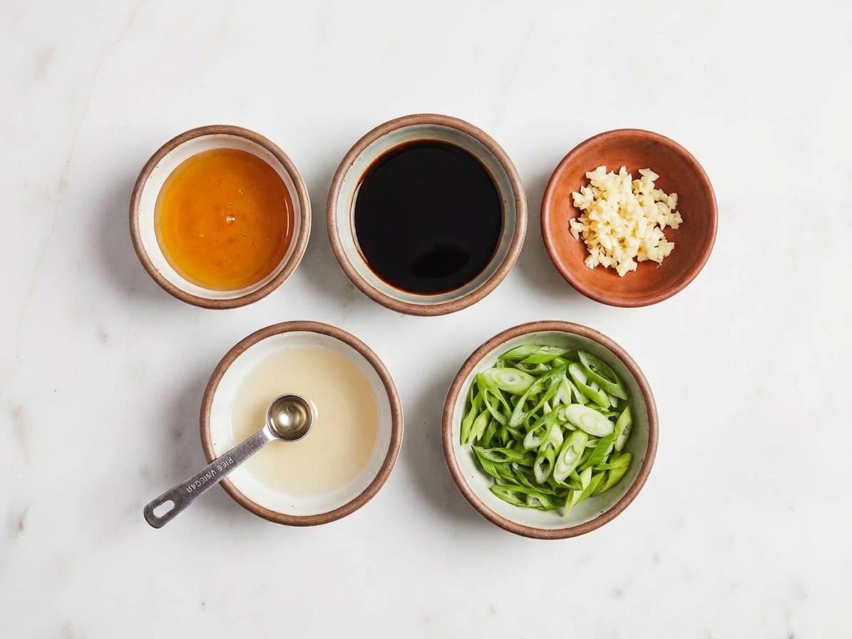 Small bowls of honey, soy sauce, minced garlic, and rice vinegar measured out on a kitchen counter next to sliced green onions