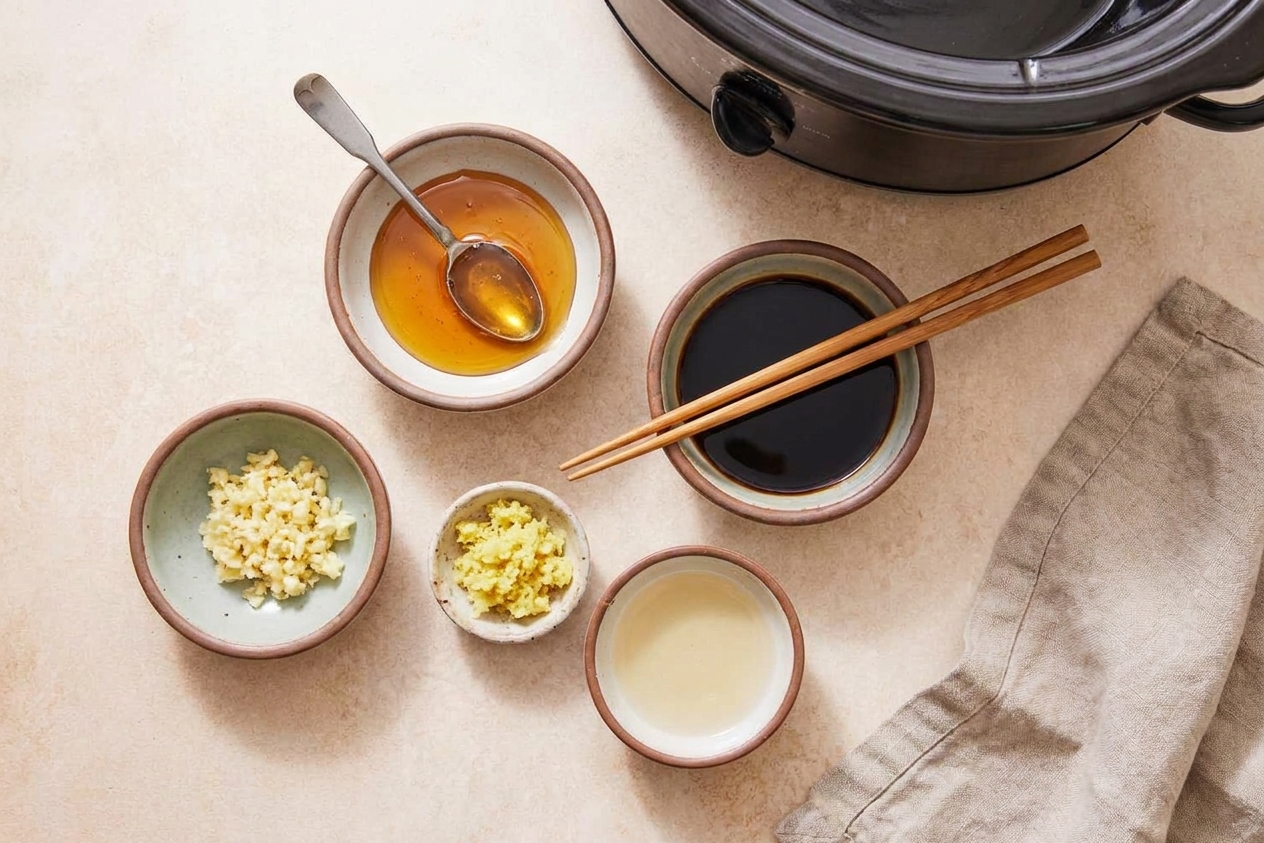 Small bowls of honey, soy sauce, minced garlic, grated ginger, and vinegar on a kitchen counter
