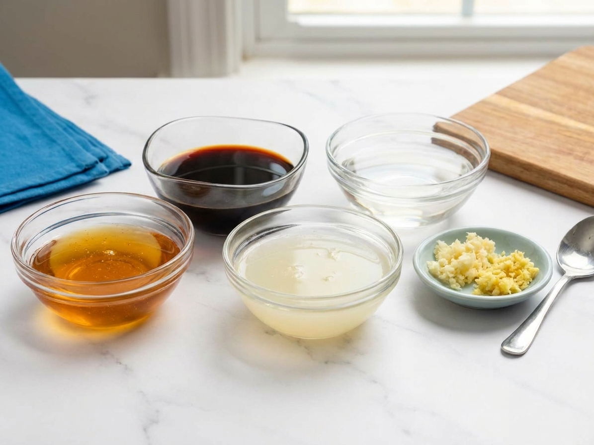 Small bowls of honey, soy sauce, vinegar, lemon juice, and grated garlic arranged on a kitchen counter before mixing