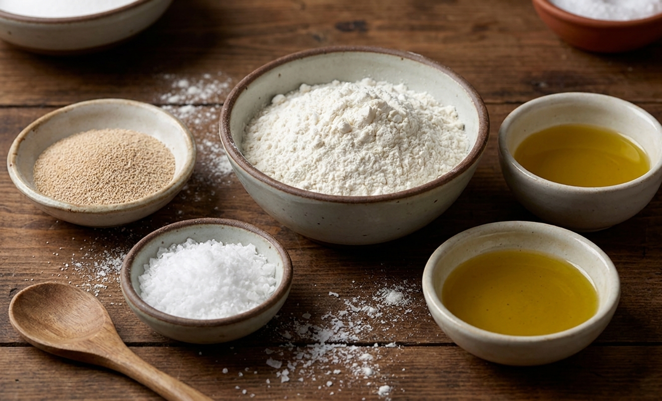 Small bowls of instant yeast, flour, kosher salt, and olive oil on a kitchen counter ready for making pizza dough