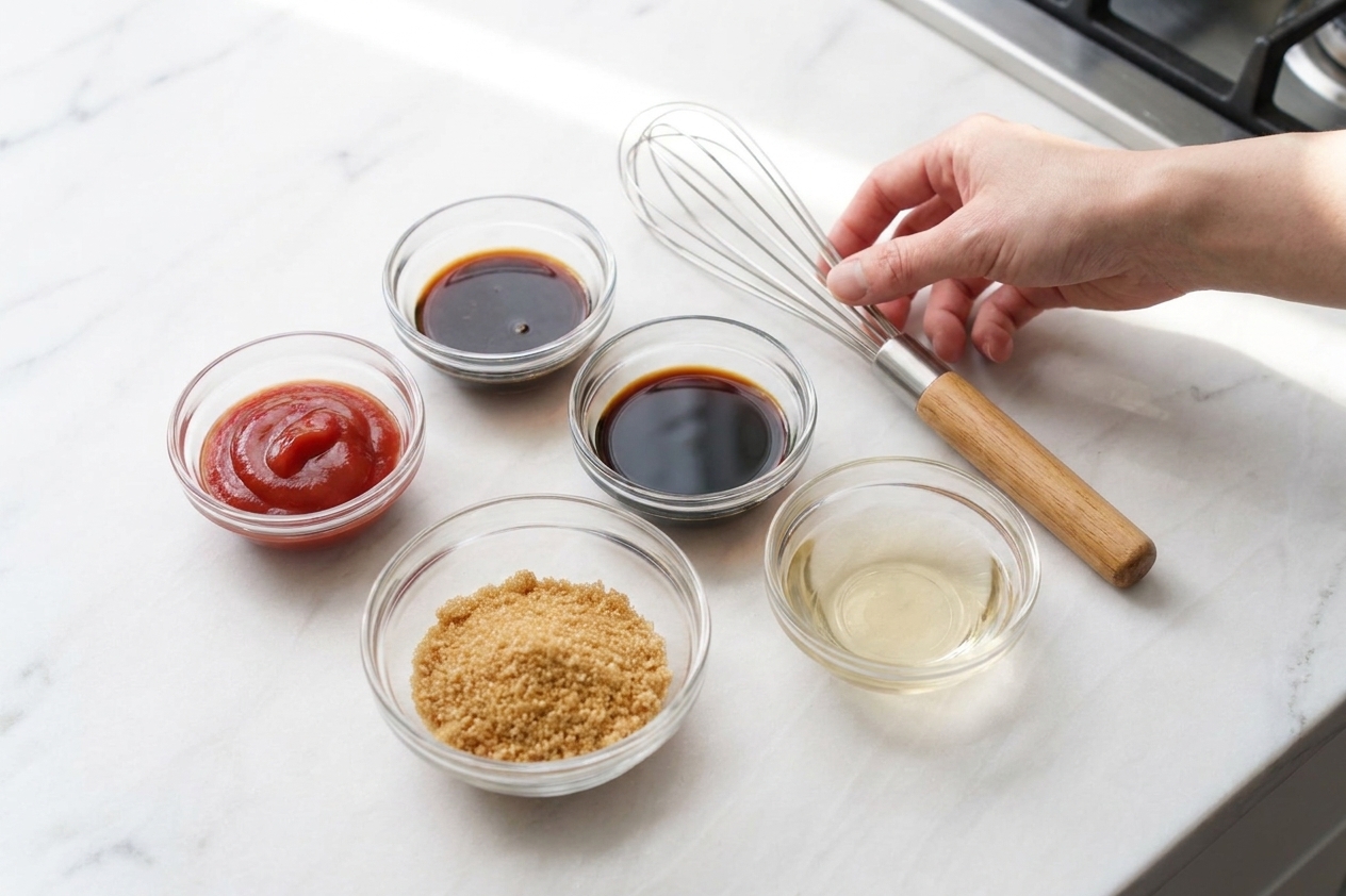 Small bowls of ketchup, Worcestershire sauce, soy sauce, brown sugar, and rice vinegar arranged on a kitchen counter with a whisk