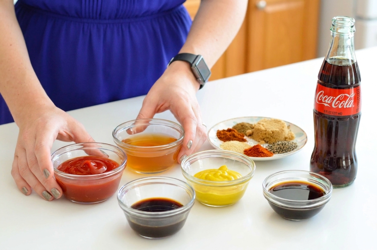 Small bowls of ketchup, apple cider vinegar, yellow mustard, Worcestershire sauce, spices, and a can of Coca-Cola arranged on a clean counter
