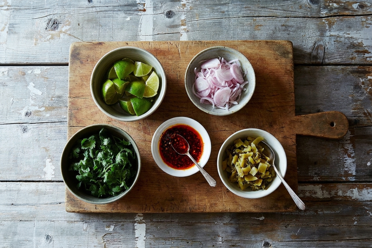 Small bowls of khao soi garnishes on a cutting board including lime wedges, sliced shallots, chopped cilantro, chili oil, and pickled mustard greens