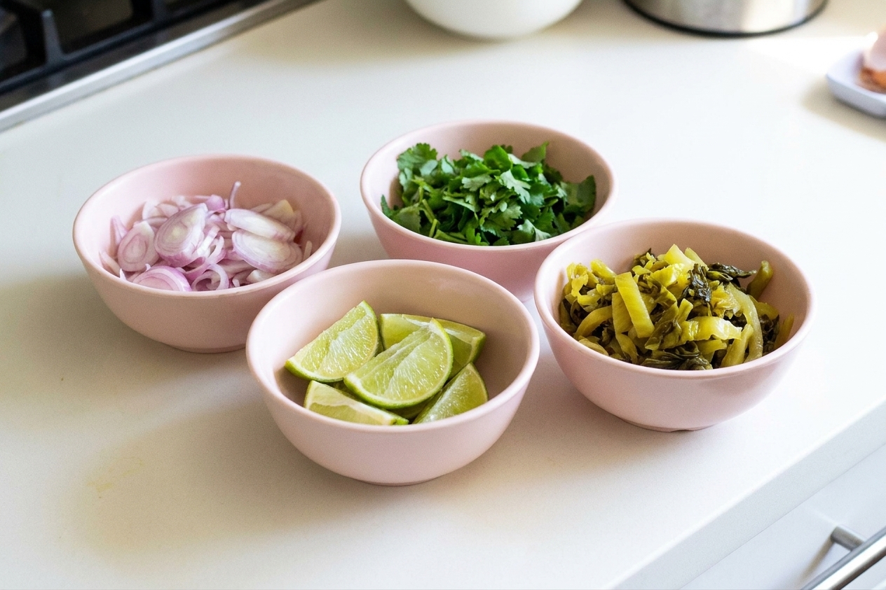 Small bowls of khao soi toppings on a kitchen counter including sliced shallots, chopped cilantro, lime wedges, and pickled mustard greens