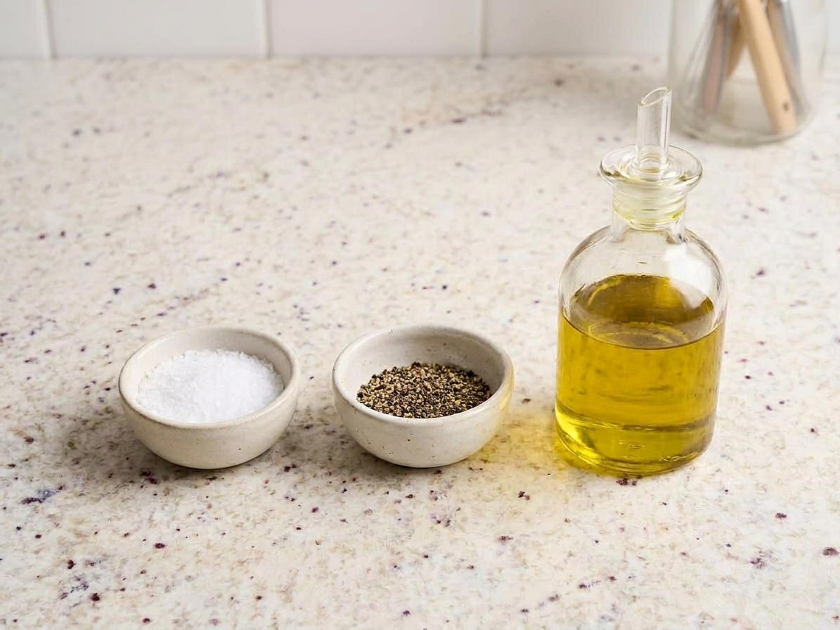 Small bowls of kosher salt and cracked black pepper beside a bottle of olive oil on a tidy kitchen counter