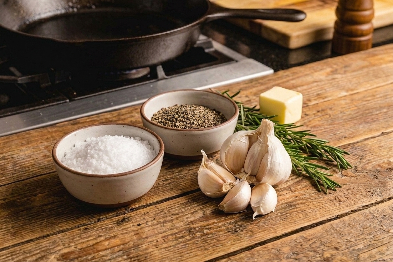Small bowls of kosher salt and cracked black pepper beside garlic cloves, butter, and rosemary on a kitchen counter, ready for seasoning a beef roast