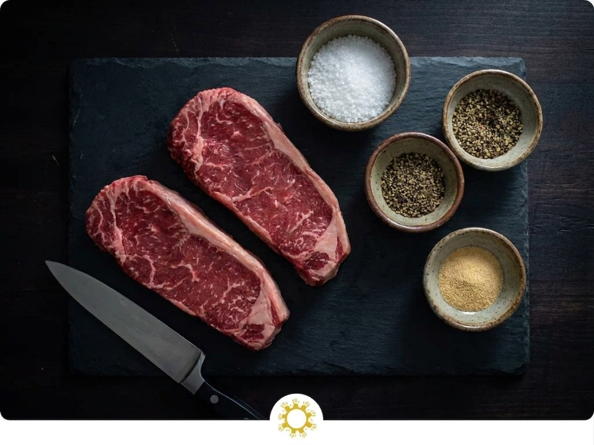 Small bowls of kosher salt, black pepper, and garlic powder on a kitchen counter next to raw steaks