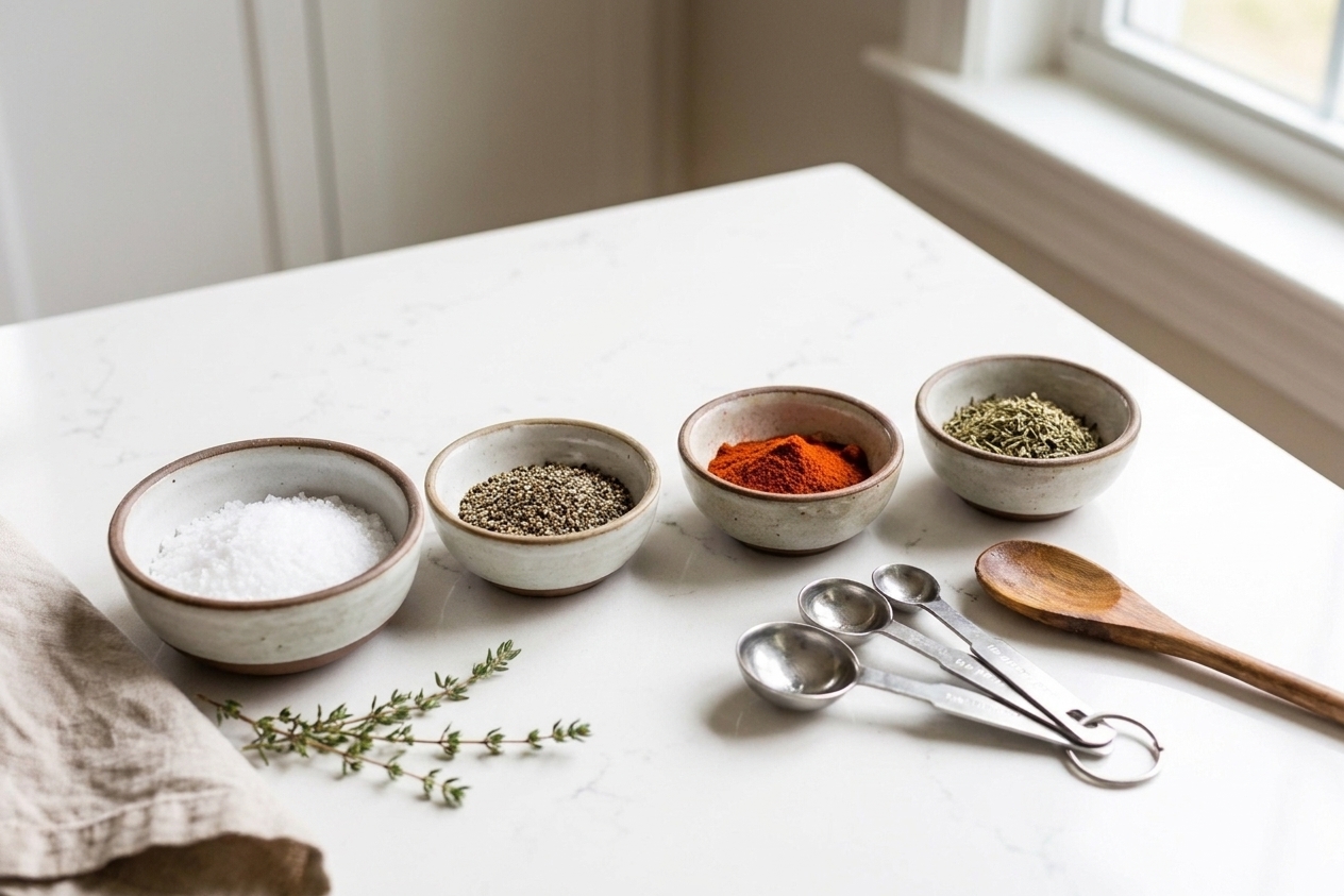 Small bowls of kosher salt, black pepper, smoked paprika, and dried thyme on a kitchen counter next to measuring spoons