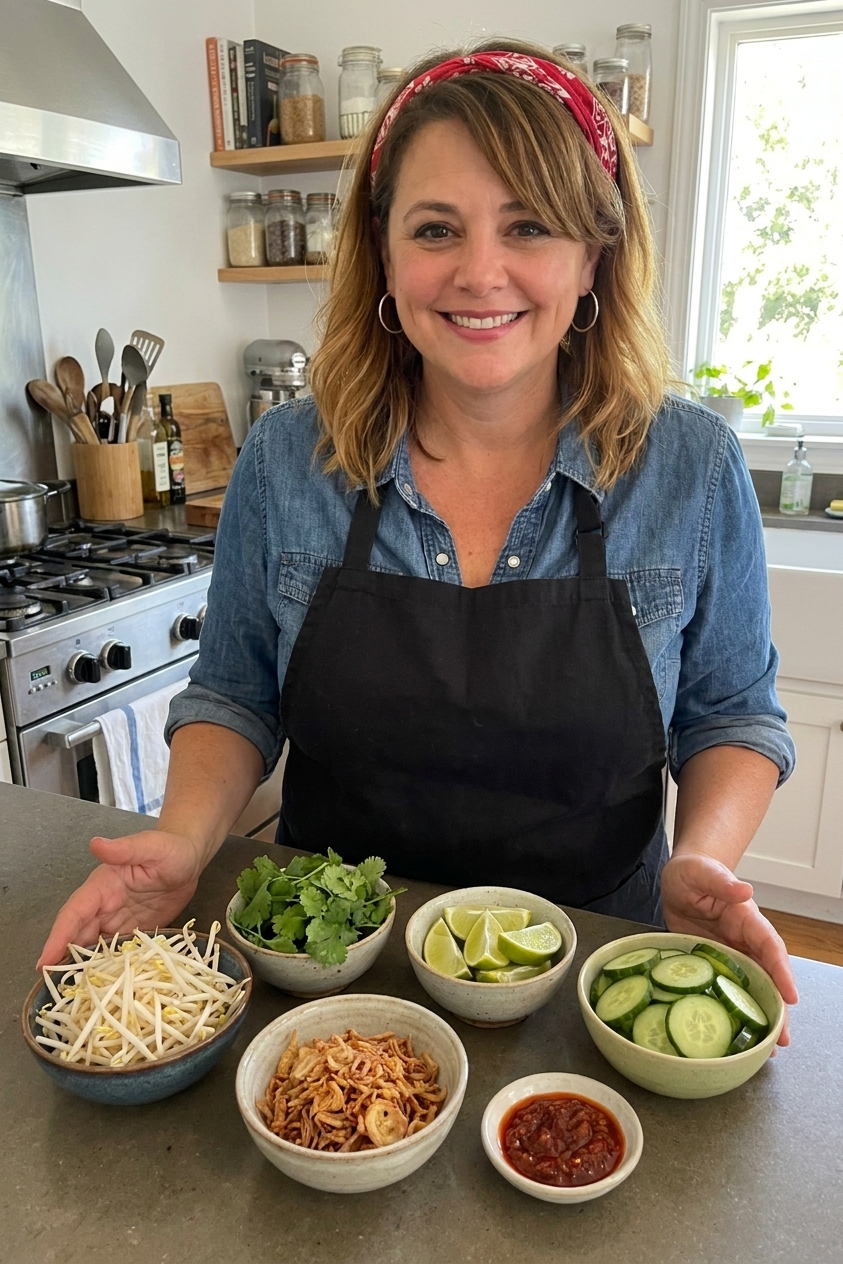 Small bowls of laksa garnishes including bean sprouts, cilantro, lime wedges, sliced cucumber, fried shallots, and sambal arranged on a kitchen counter