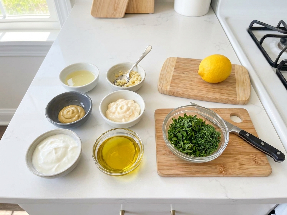 Small bowls of lemon juice, minced garlic, Dijon mustard, mayonnaise, Greek yogurt, olive oil, and chopped herbs arranged on a kitchen counter for cooking