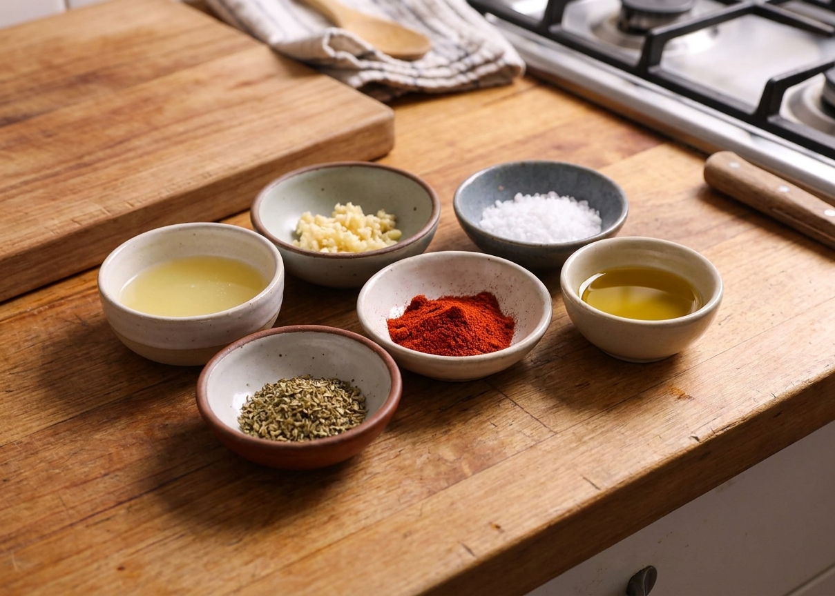 Small bowls of lemon juice, minced garlic, paprika, oregano, salt, and olive oil arranged neatly on a kitchen counter