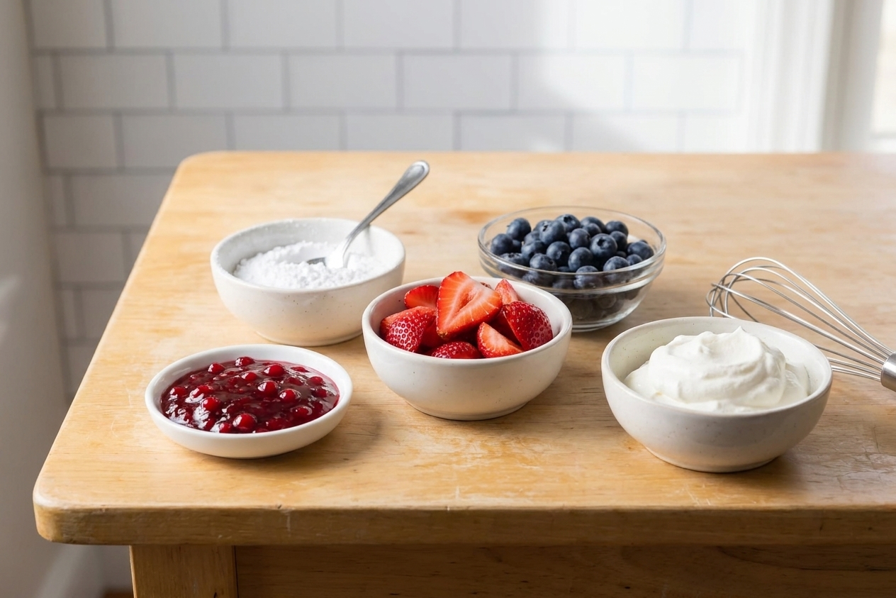 Small bowls of lingonberry jam, sliced strawberries, blueberries, powdered sugar, and whipped cream arranged on a wooden kitchen table for topping Swedish pancakes