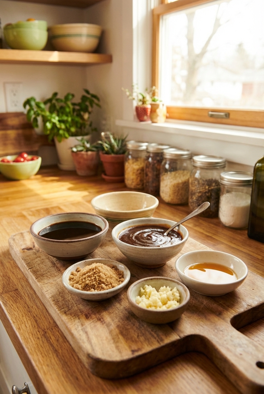 Small bowls of lo mein sauce ingredients on a cutting board, including soy sauce, hoisin, brown sugar, garlic, and sesame oil