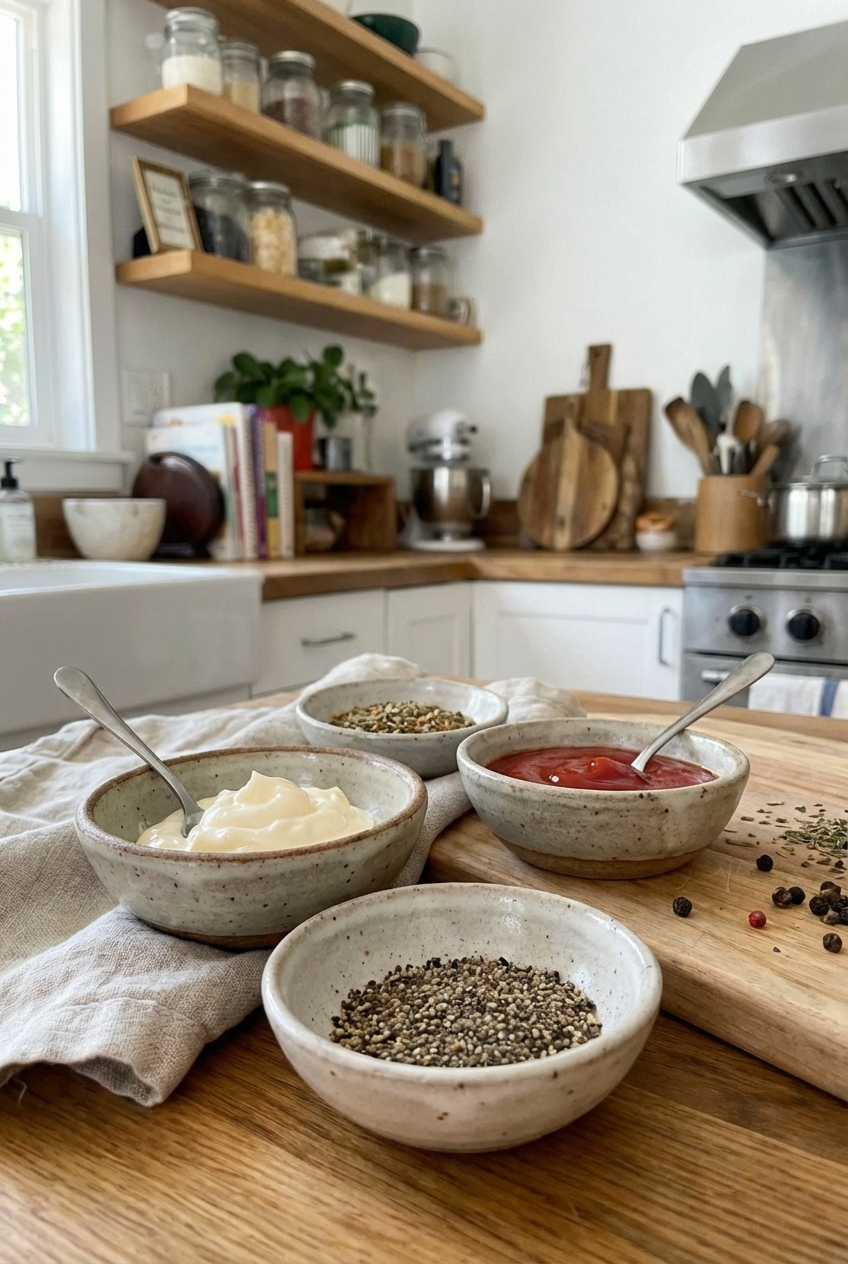 Small bowls of mayonnaise, ketchup, black pepper, and seasonings arranged on a kitchen counter