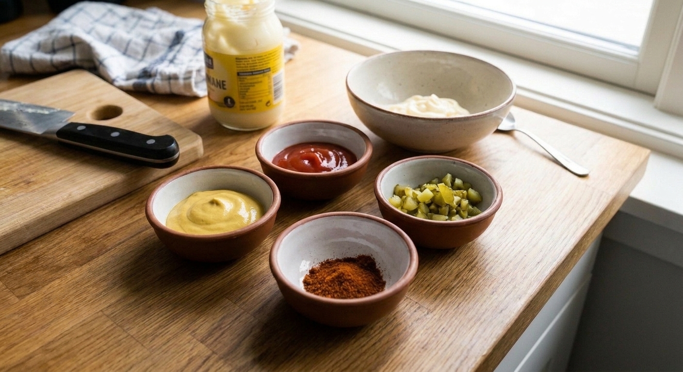 Small bowls of mayonnaise, ketchup, mustard, chopped dill pickles, and smoked paprika arranged on a wooden kitchen counter with a spoon and a small mixing bowl