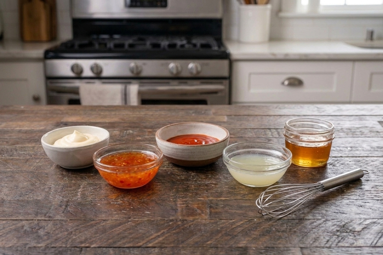 Small bowls of mayonnaise, sweet chili sauce, sriracha, lime juice, and honey arranged on a clean kitchen counter beside a whisk