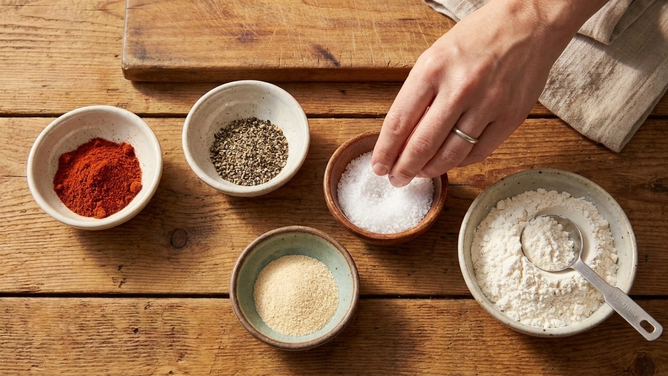 Small bowls of measured spices and flour on a kitchen counter including paprika, black pepper, garlic powder, and salt