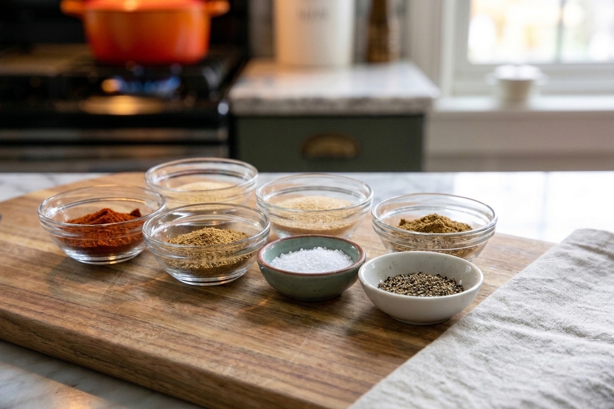 Small bowls of measured spices including paprika, garlic powder, onion powder, cumin, salt, and pepper arranged on a kitchen counter