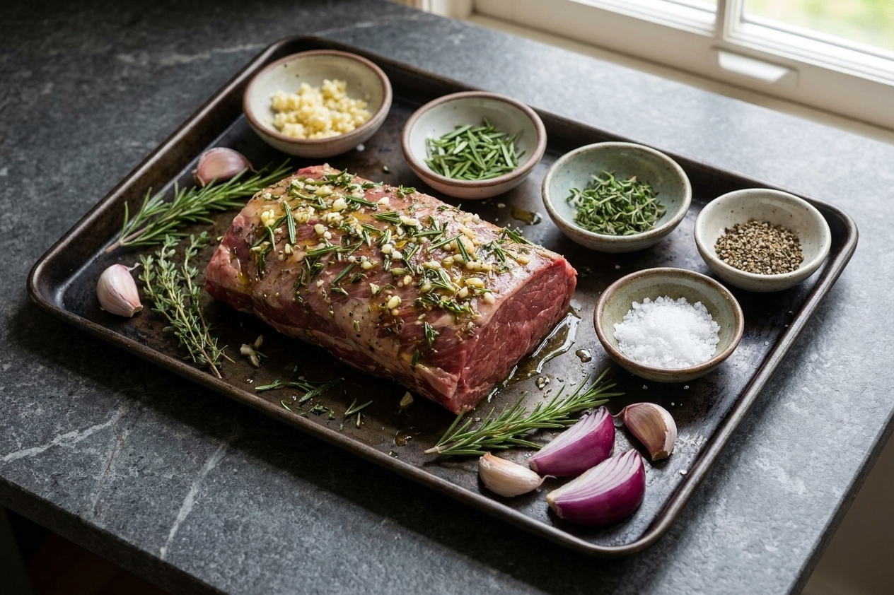 Small bowls of minced garlic, chopped rosemary, thyme leaves, salt, and pepper arranged beside a raw striploin roast on a sheet pan