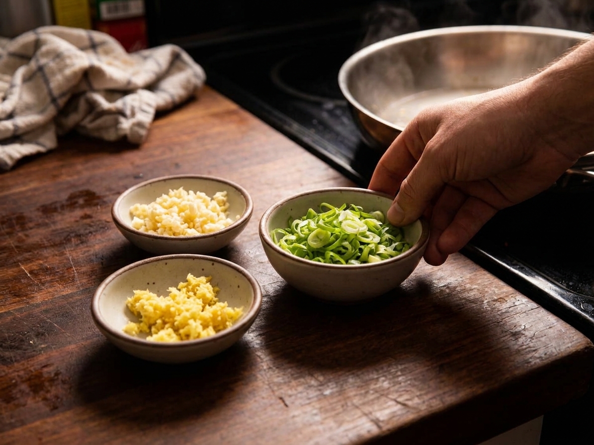 Small bowls of minced garlic, grated ginger, and sliced scallions prepped and ready for cooking on a kitchen counter
