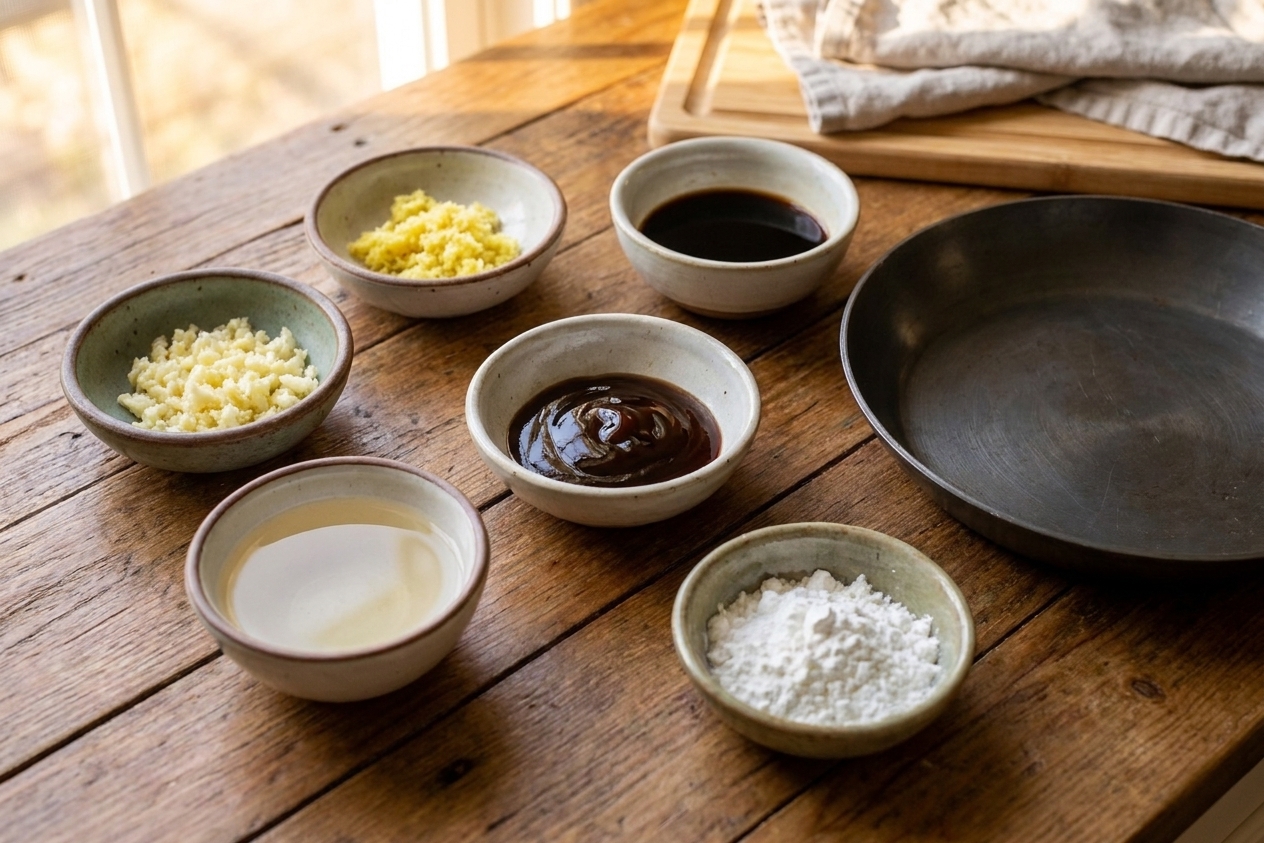 Small bowls of minced garlic, grated ginger, soy sauce, oyster sauce, rice vinegar, and cornstarch arranged beside a skillet on a kitchen counter, warm indoor lighting