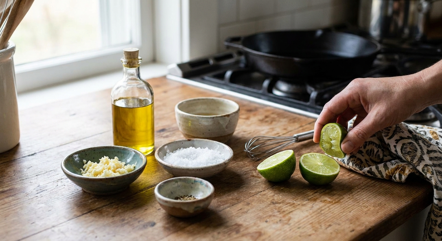 Small bowls of minced garlic, lime halves, olive oil, and salt arranged on a kitchen counter ready to make mojo