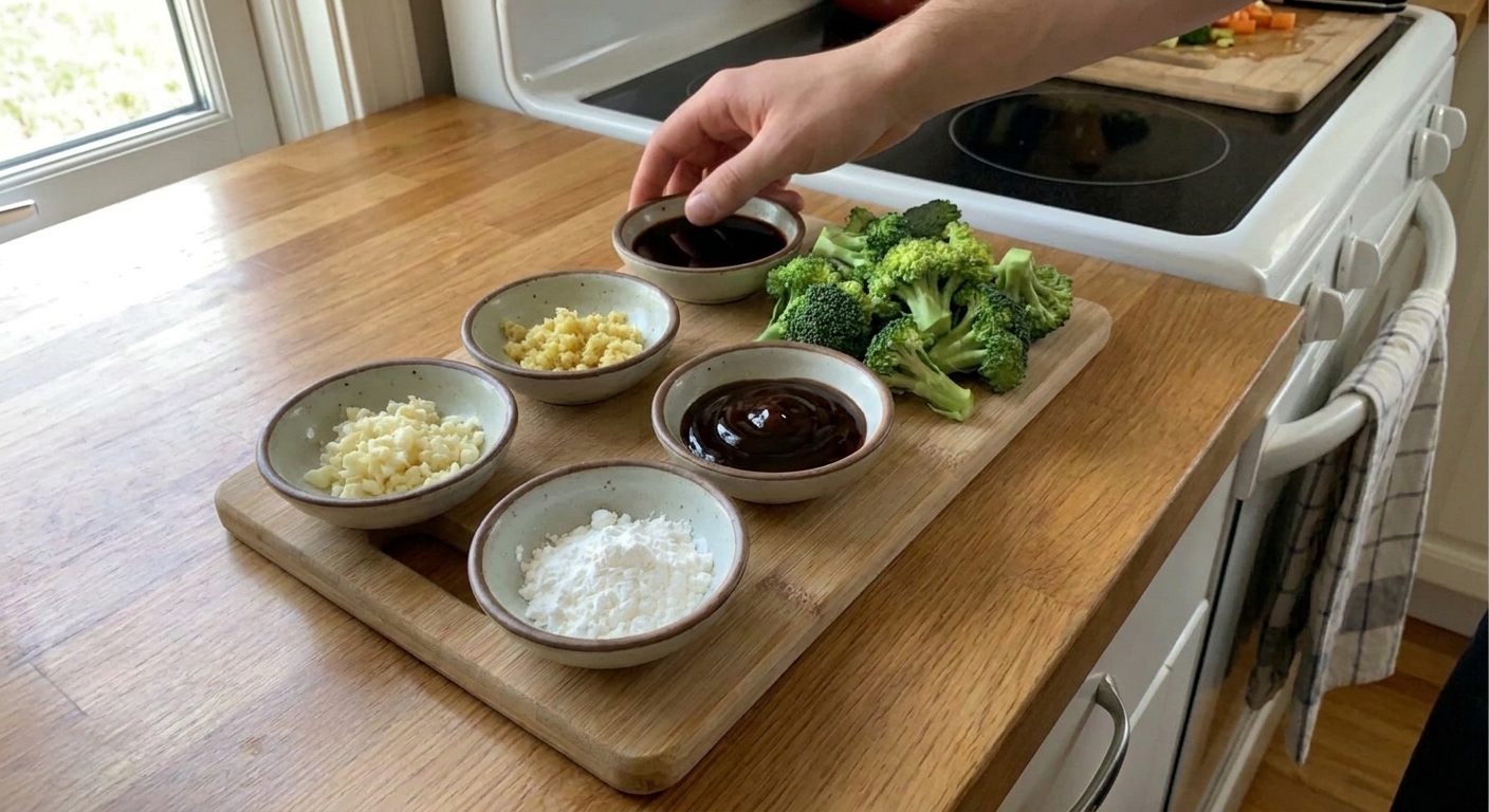 Small bowls of minced garlic, minced ginger, soy sauce, oyster sauce, and cornstarch on a wooden cutting board beside broccoli florets