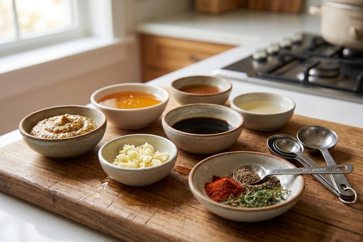 Small bowls of mustard, honey, soy sauce, vinegar, minced garlic, and spices arranged on a kitchen counter with measuring spoons